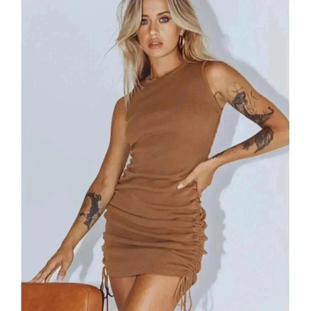 Lioness Womens Camel Brown Military Minds Mini Dress Large Ribbed Ruched Stretch - Picture 2 of 6